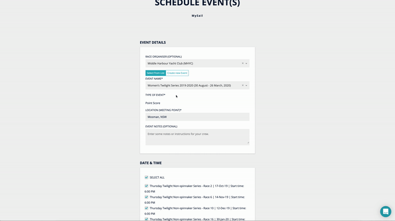 Enter notes, select dates & schedule your race or regatta